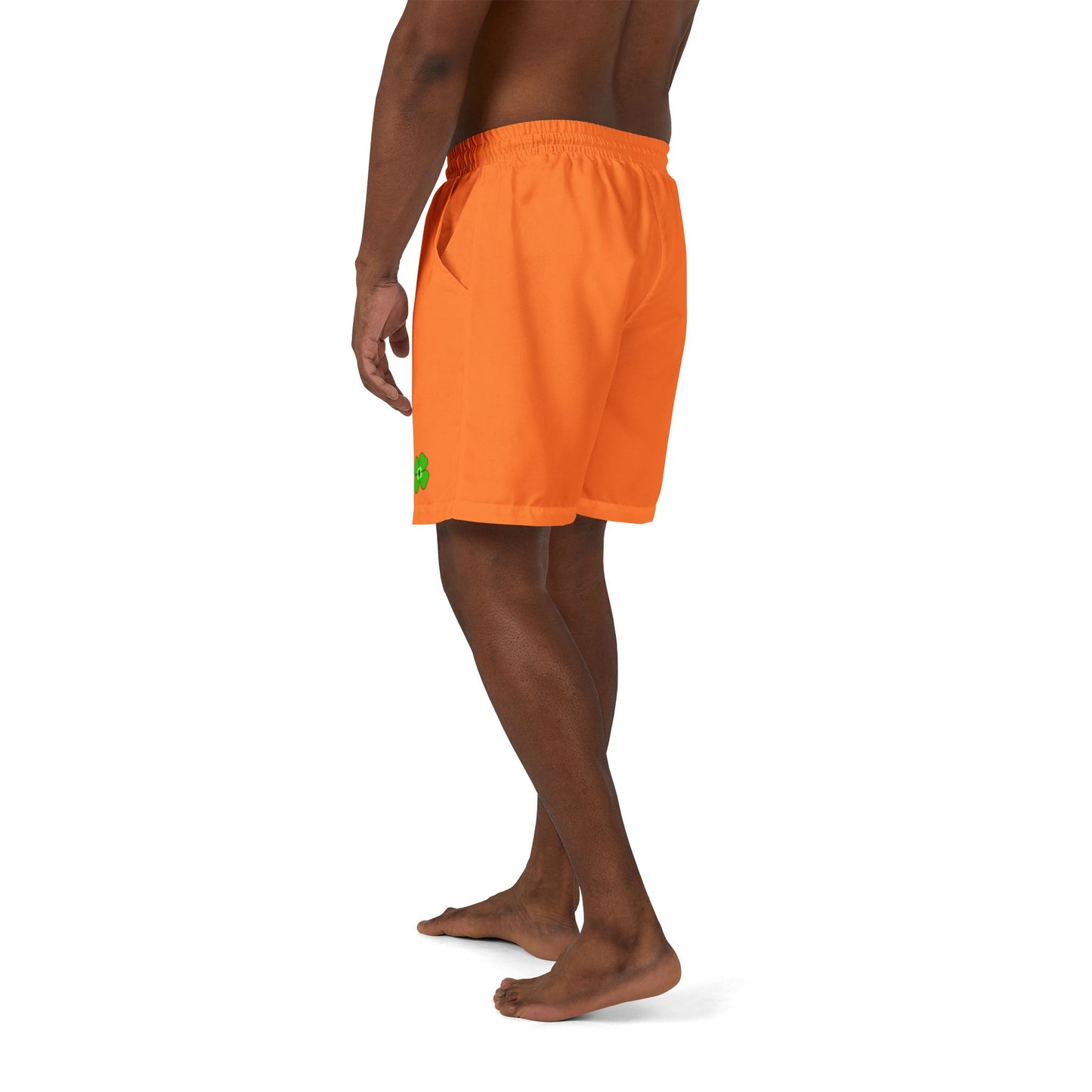 Men's Orange Swim Shorts with Green Clover Design