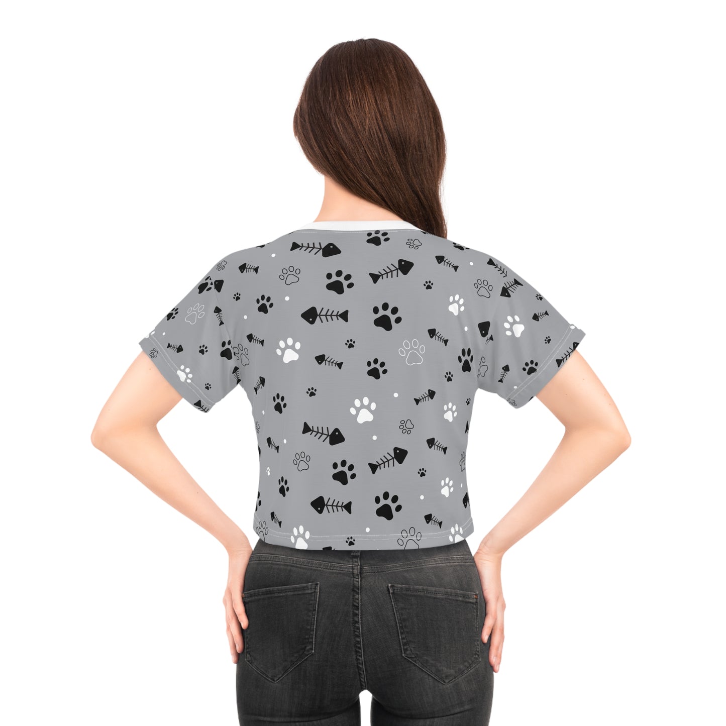 Pet Lover Crop Tee with Paw Print and Fishbone Design