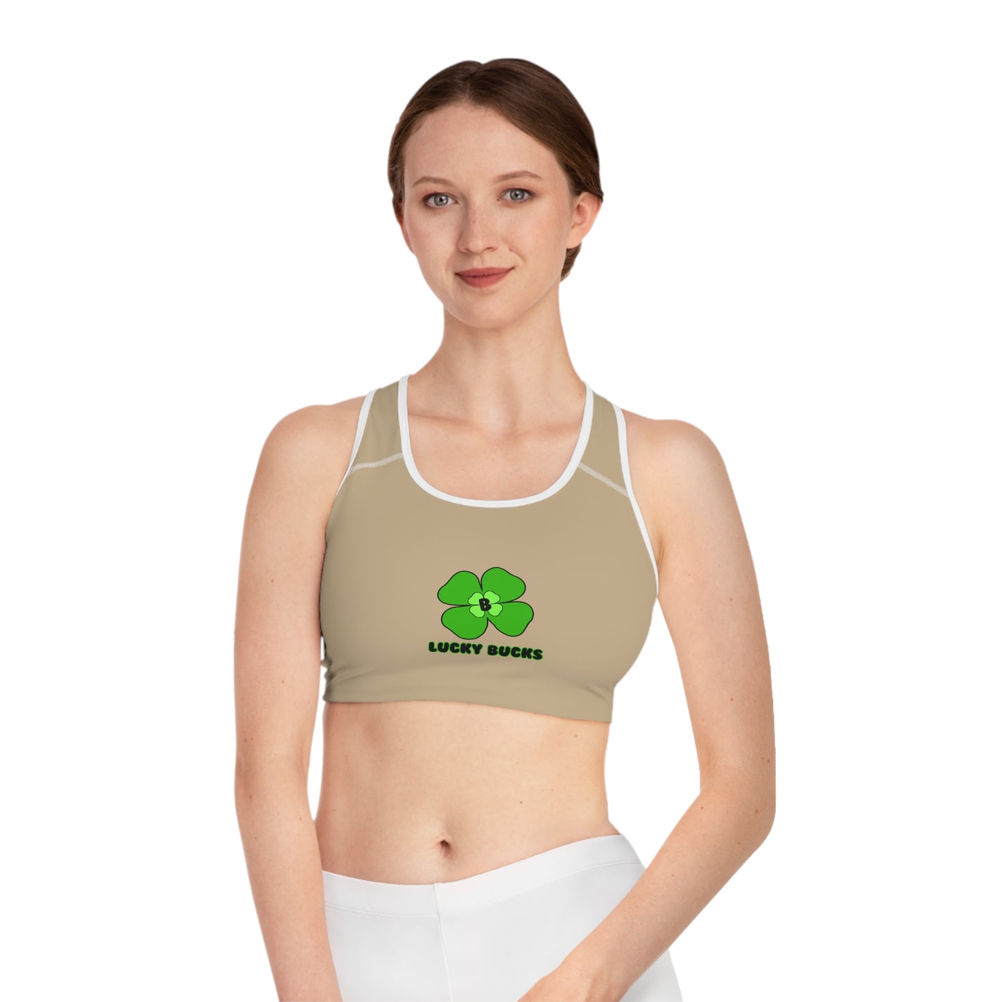 Lucky Bucks Sports Bra - St. Patrick's Day Activewear, Green Clover Design, Workout Gear, Fitness Top, Gym Bra, Cheerful Apparel