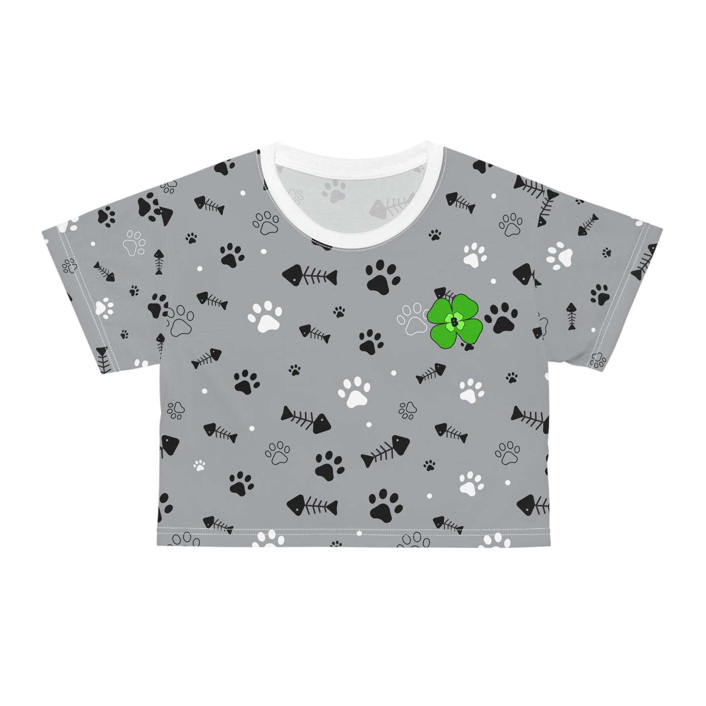 Pet Lover Crop Tee with Paw Print and Fishbone Design