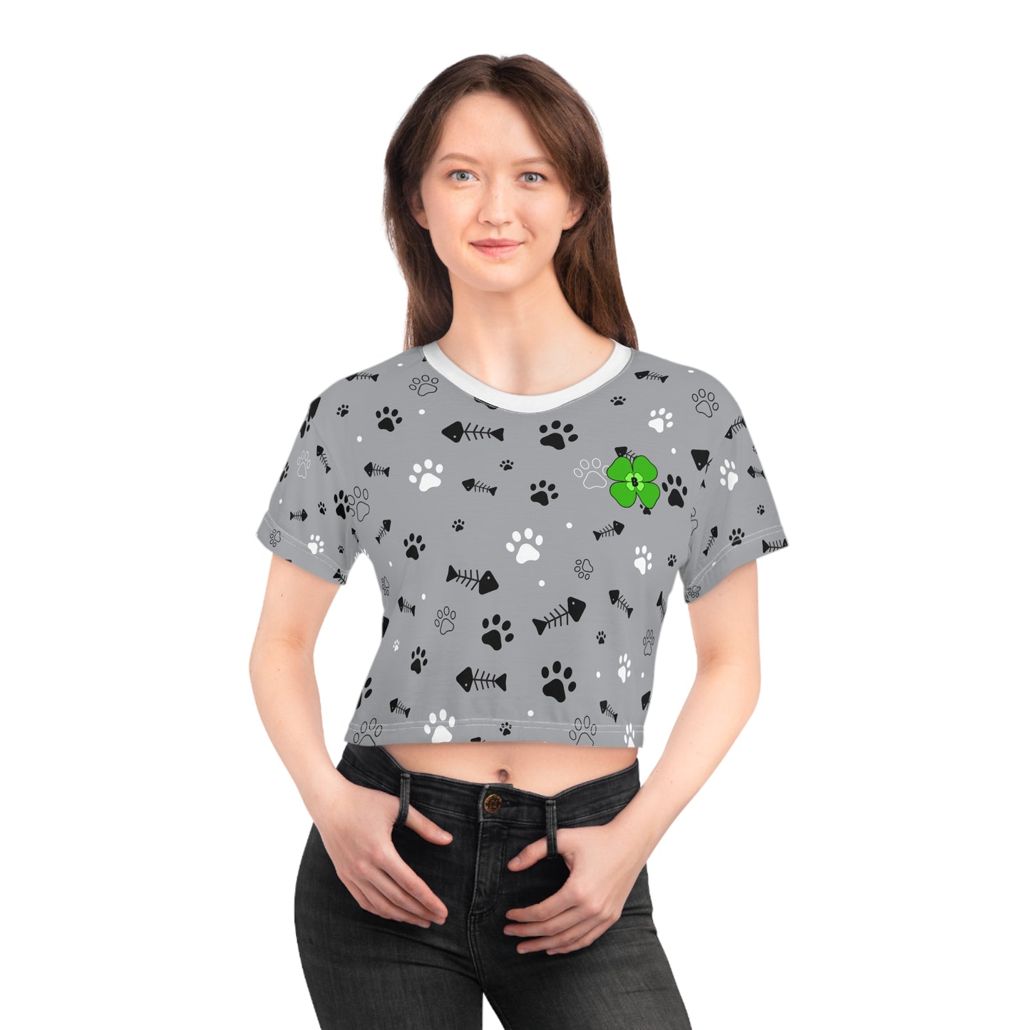 Pet Lover Crop Tee with Paw Print and Fishbone Design