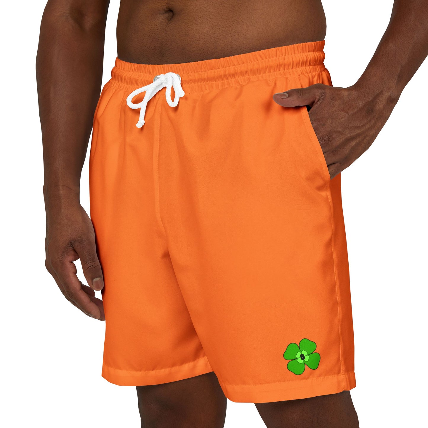 Men's Orange Swim Shorts with Green Clover Design