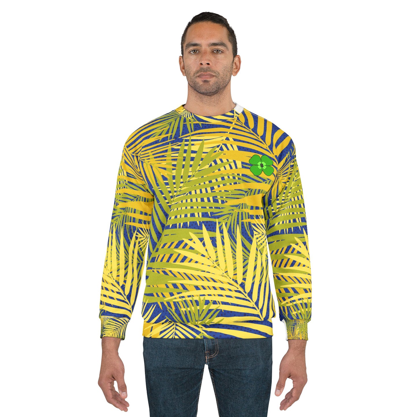 Tropical Vibes Unisex Sweatshirt - Yellow and Blue Palm Leaves Print